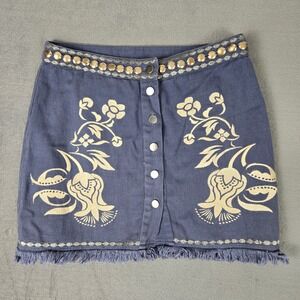Z&L Skirt‎ Womens Medium Denim Mini Blue Embroidered Floral Boho Cotton
